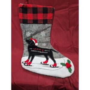 We Woof You A Merry Christmas Dog Embroidered Stocking Black Lab Puppy  EUC